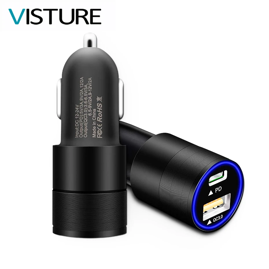 

10pcs/lot PD QC3.0 Car Charger Dual USB For iPhone X 8 7 6 Samsung Xiaomi Type C PD Quick Charge 3.0 LED Indicator Visture V4B