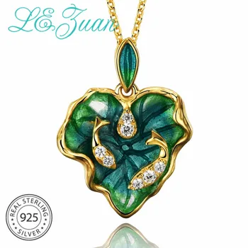 

L&zuan Gold Plated Women Green Lotus Pendant Necklaces Fish Pendant Zircon Fine Jewelry Enamel Crafts Female Accessories Gift