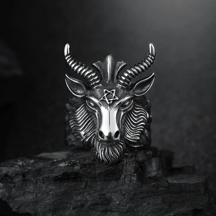 

Fashion Big Sheep Goat Horn Head Ring Satan Worship Baphomet Aries Zodiac Wicca Star For Men Unique Biker Punk Animal Jewelry