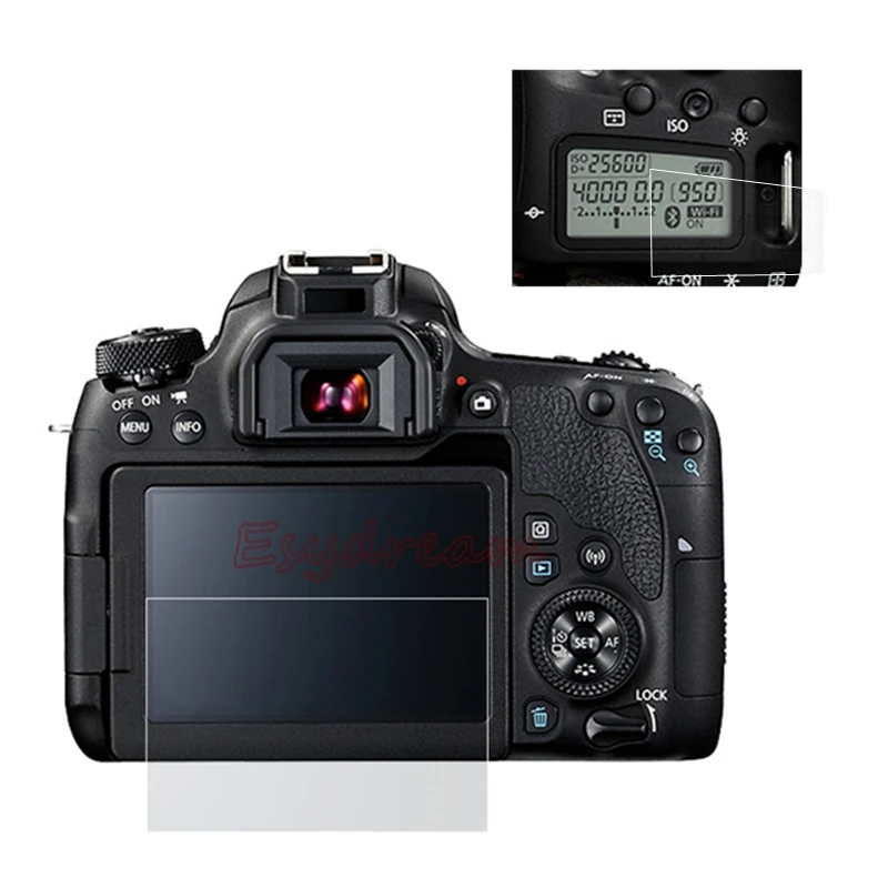 

Protective Self-adhesive Glass + Plastic Film Screen Protector Guard Cover for Canon EOS 77D Main + Info Top Shoulder LCD