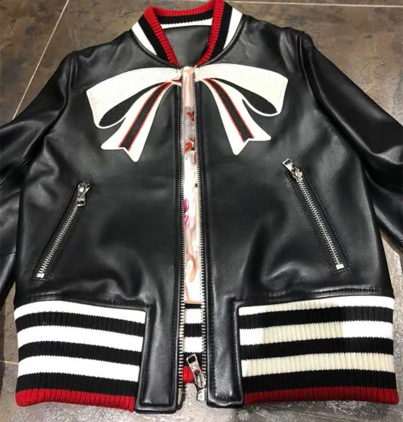 Women real sheepskin jackets coat embroidered bow bomber jackets high quality real leather jackets short coats D616