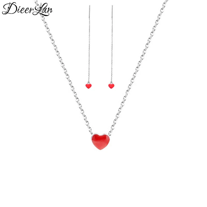 

DIEERLAN New Arrivals 925 Sterling Silver Red Heart Earrings Necklaces Pendant Jewelry Sets for Women Wedding Statement Jewelry