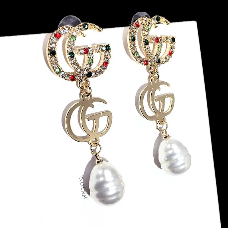 

D05 Hot New 925 Silver Needle Crystal Vintage Pearl Big CC Double C Flower Leaves Hollow G CD Drop Earrings For Women Girl Punk