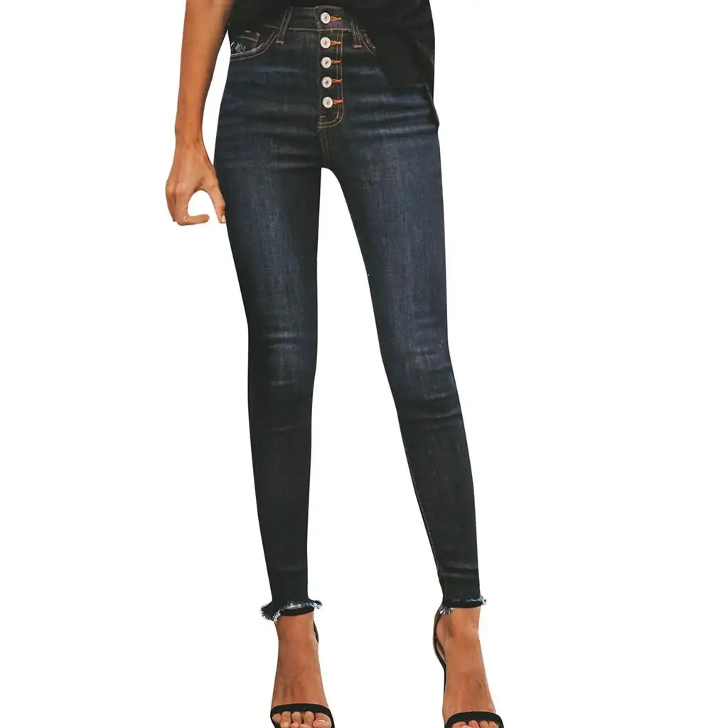 С высокой талией женский рваные и потёртые пуговицы джинсовые обтягивающие джинсы повязки эластичные женские брюки джинсы с высокой талией Femme Jens Mujer 20 - Цвет: BK