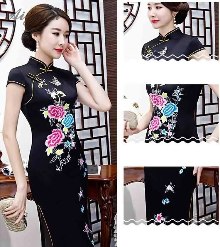 Чино традиционное vestido negro Cheongsam larga vestidos Chinoise madre Qi Pao bata Восточное винтажное vestido talla Plus Qipao