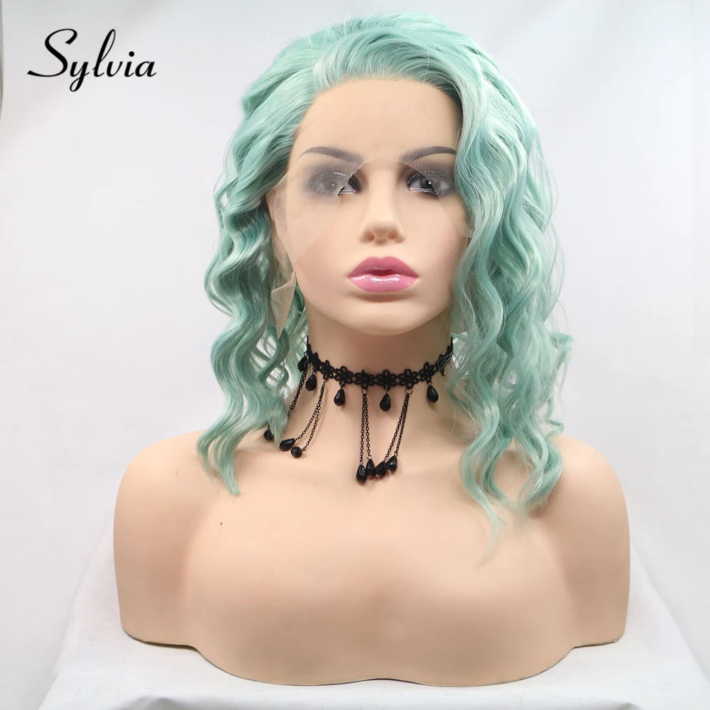 

Sylvia Light Green Short Deep Wave Synthetic Lace Front Wigs Side Parting Natural Green Heat Resistant Fiber Hair for Woman