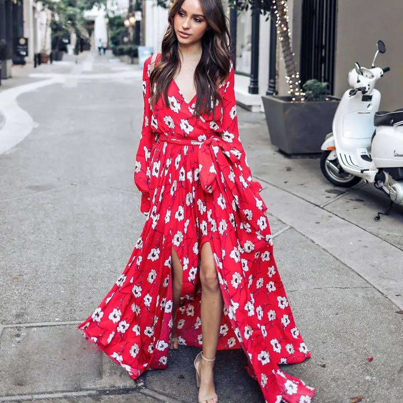 

Red Printed Long Sleeve Elegant Dress Women 2019 Deep V Collar Sexy Long Dresse High Waist Loose Bandage Dress Femme