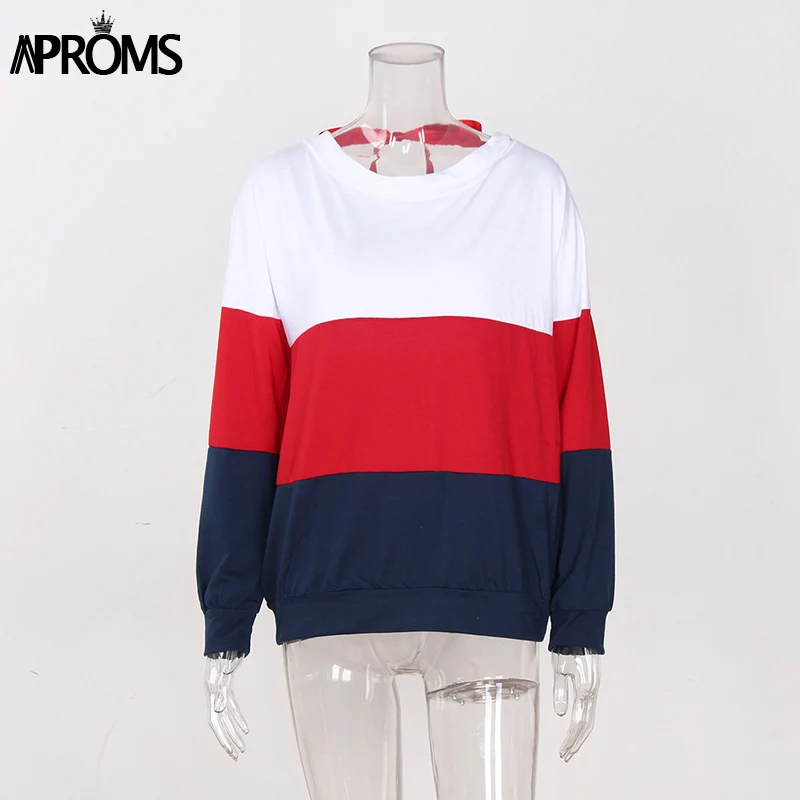 Aproms White Red Color Blocked Long Sleeve T-Shirt Women Fashion Back Bow Tie Tee T Shirt Female Autumn Casual Thin Basic Tops