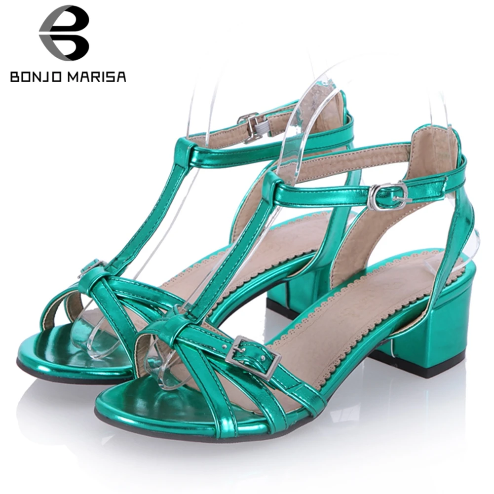 

BONJOMARISA New Plus Size 31-45 Elegant Metalic Sandals Women 2019 Summer Lovely Concise Women Med Heels Shoes Woman