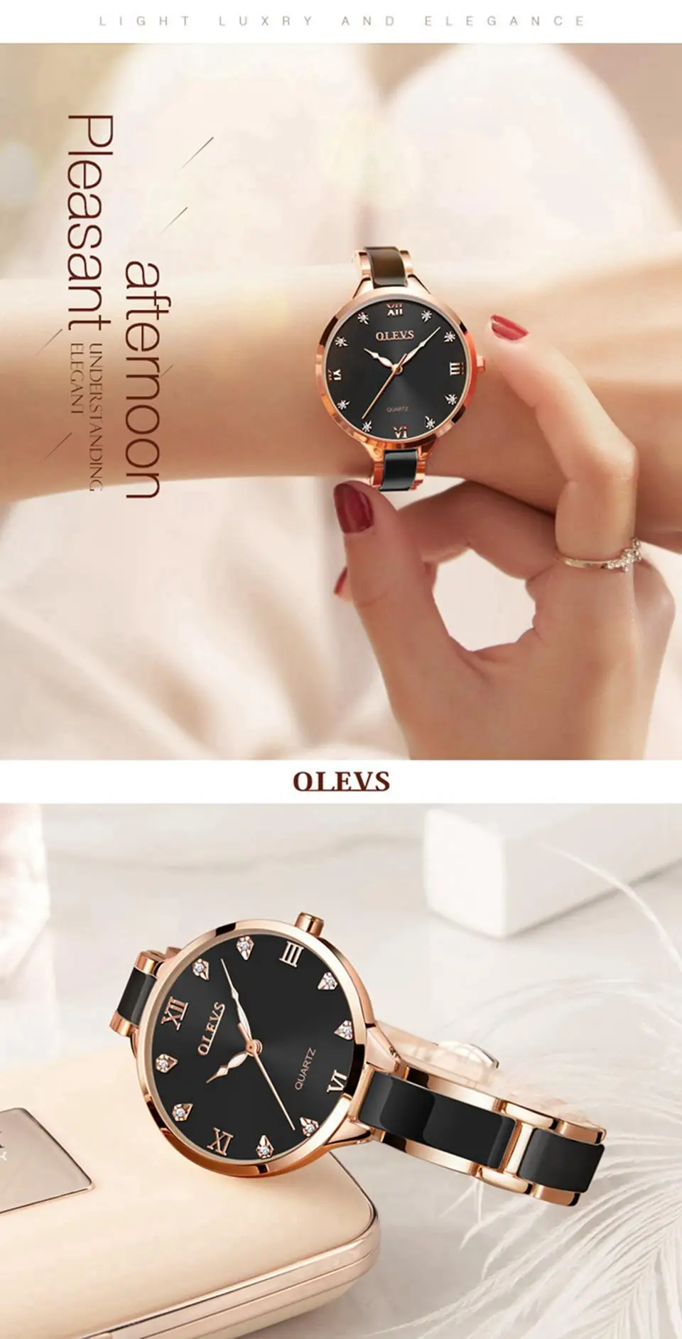 OLEVS Ladies Ceramic Watches Lady Rose Gold Women Dress Watch Luminous Black Steel Strap Womens Wrist Watches Gifts reloj mujer