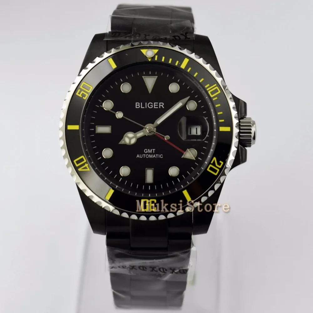 

40mm GMT Automatic black men watches date schwarz Zifferblatt Saphirglas Luminous sapphire glass PVD De luxe En Acier Plein Noir