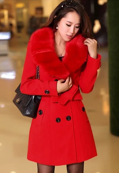 Новые осенне-зимние женские пальто больших размеров, однотонное тонкое модное двубортное шерстяное пальто для женщин, большая верхняя одежда - Цвет: red
