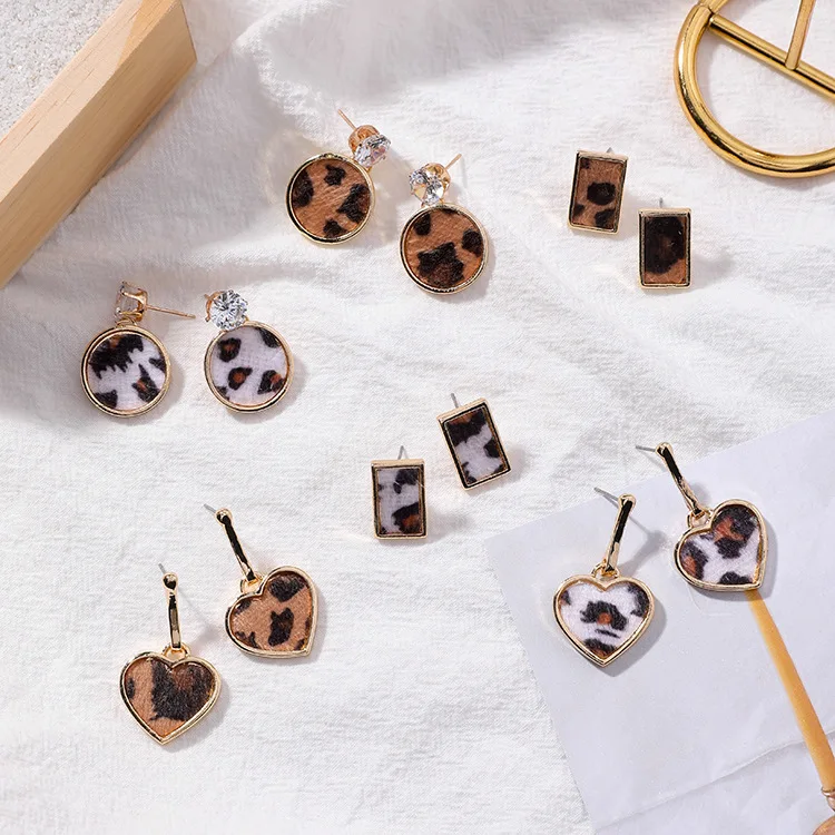 

New Fashion Leopard Love Circle Geometric Square Earrings for Women Girls Wild Plush Earring