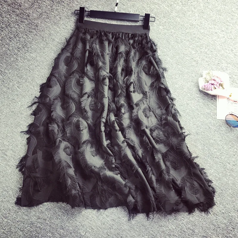 

019 New Chiffon Skirt Feather Pattern Tassel High Waist Skirt Temperament Slim Long Skirt Skirt Female 2