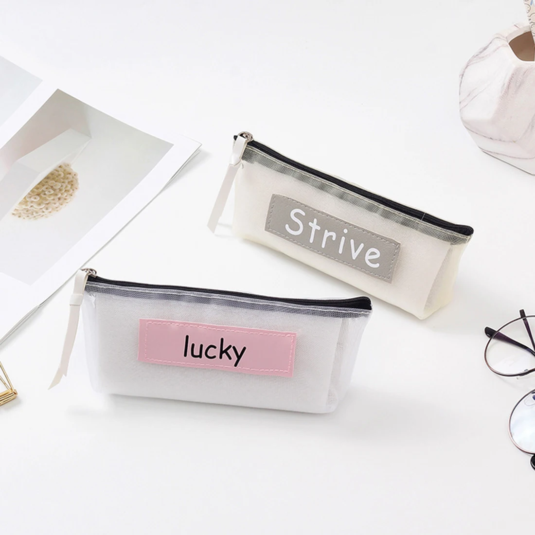 Creative Simple Transparent Mesh Pencil Case Student Kids Pencil Bag