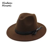 Женская и мужская Панама из шерсти мягкая мужская фетровая Шляпа Дерби фетровая шляпа с кожаным ремнем плоская широкая джазования с полями формальная шапка для вечеринки GH-324