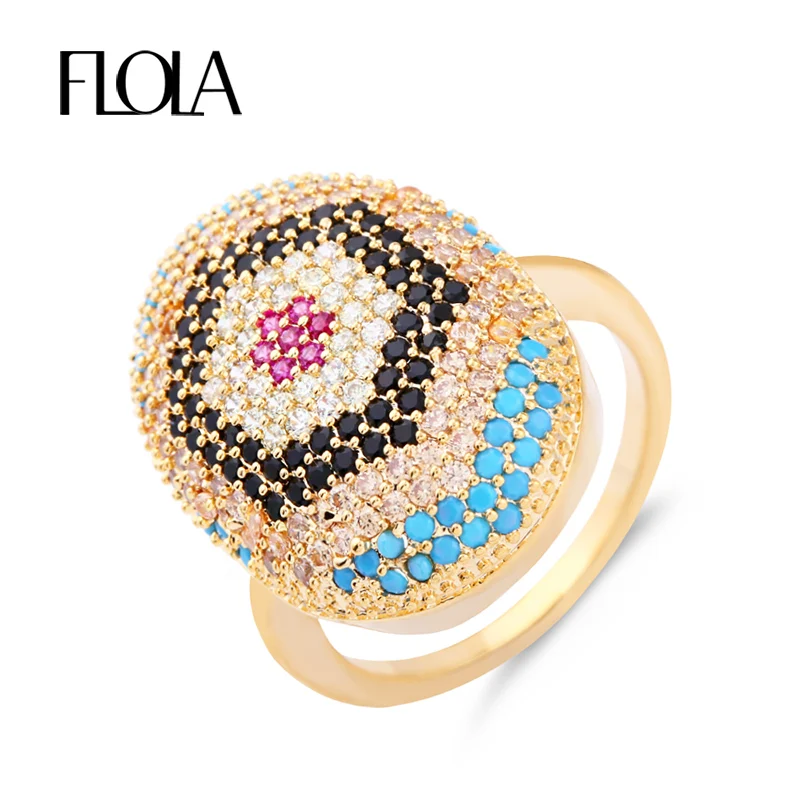 

FLOLA Top Quality Zircon Gold Pave Evil Eye Ring Blue Mixed Oral Ethnic Turkish Jewelry Women Fashion Geometric Ring rigf24