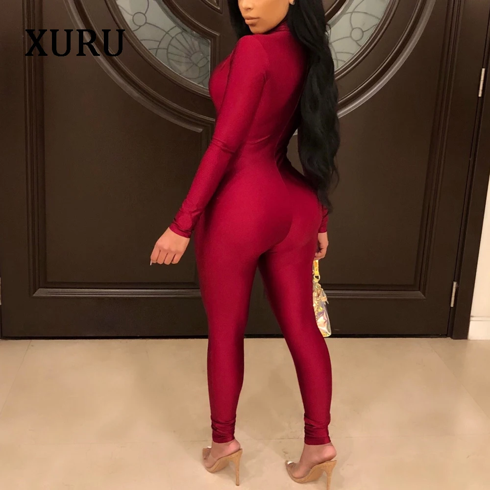 XURU Autumn And Winter Women's Solid Color Long-sleeved Sexy Deep V-neck Jumpsuit Tight Sportswear Sexy Nightclub Women's 
