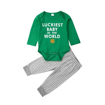 

2019 Luckiest Baby in The World 2Pcs Newborn Baby Outfits Romper Top Striped Pants Set for Toddler Boy Girl
