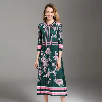 

Spring Printed Dresses 2018 New Women's Loose Big Size Loose Bow Neck Dress