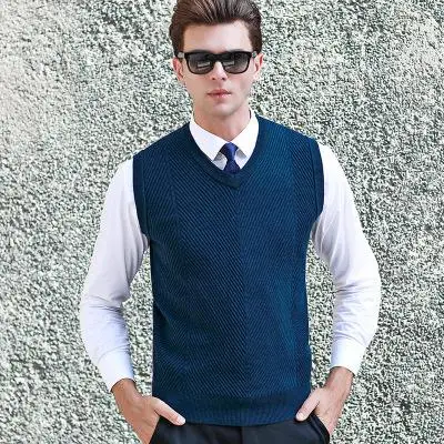 Новое поступление мужской зимний утепленный мужской чистый шерсть; жаккард свитер жилет, без рукавов v-образный вырез компьютерный вязаный Повседневный Размер SMLXL2XL - Цвет: blue