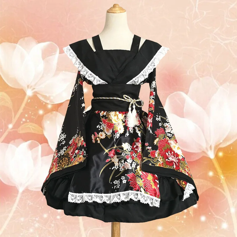 

Anime Cosplay Lace Lolita Flower Print Halloween Fancy Dress Gallus Japanese Kimono Costume