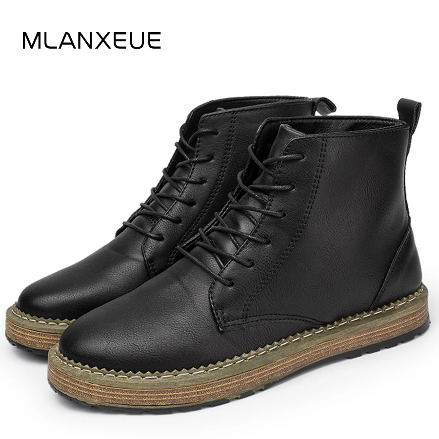 

MLANXEUE New Leather Men Martin Boots Shoes Men Autumn Winter Warm Man Short Boots Lace-up Non-slip Male Ankle Boots Retro Boot