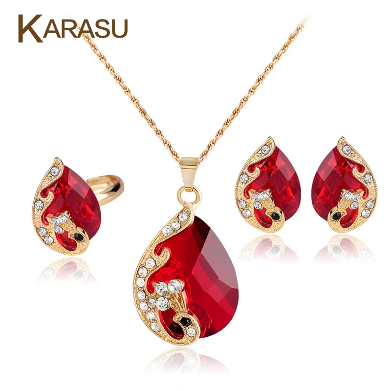

Royal Vivid Red Bule Peacock Rhinestone Gold-color Ring Pendant Necklace Drop Earring Ring Set for Women Wedding Jewelry