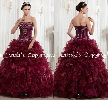 

2016 new design ball gown burgundy beading ruffled prom dress strapless sweetheart neck puffy long prom gowns hot sale