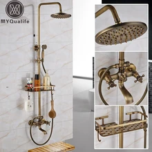 Antique Brass Wall Mounted Bathtub Shower Set Faucet Dual Handle with Commodity Shelf Bathroom Shower Mixers 8″ Rainfall