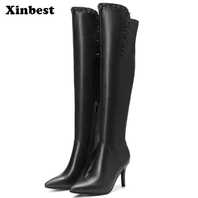 

Xinbest Women Boots Genuine Leather Womens Winter Boots Pointed Toe Women High Heel Shoes Thin Heels Women Knee High Boots