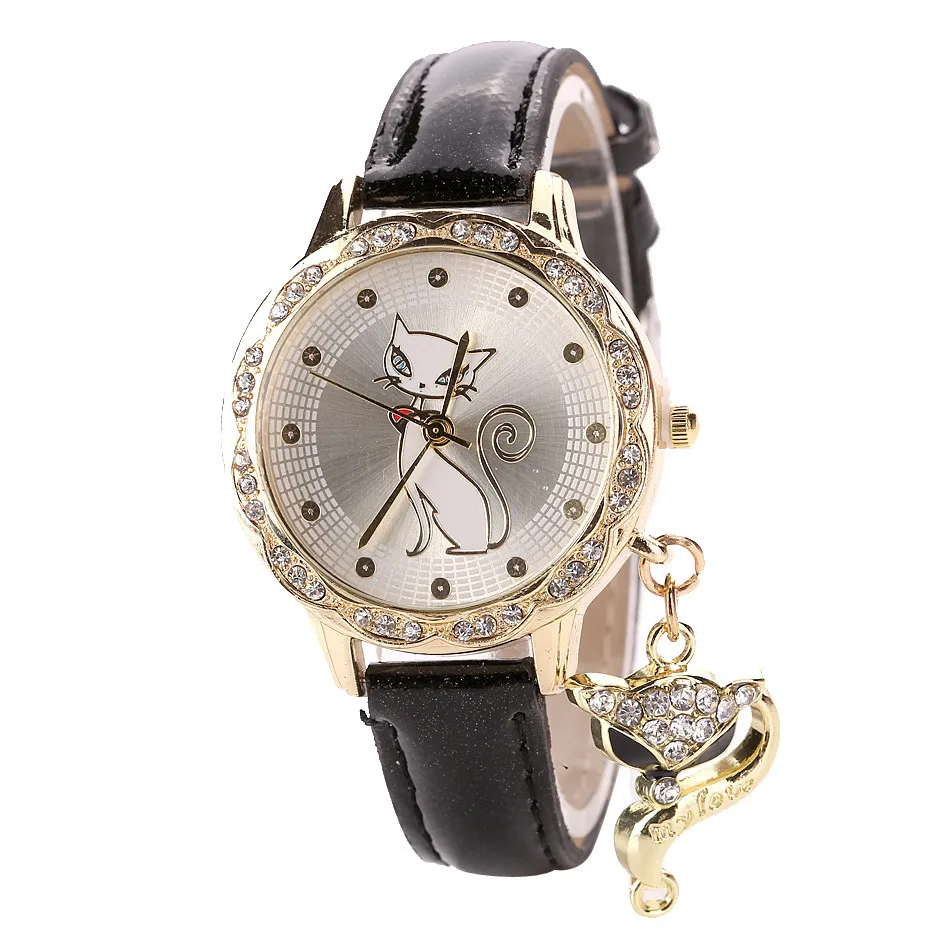 Модные часы женские роскошные Брендовые Часы с кожаными дамскими часами со стразами с принтом кота милые Elegantrelogio Feminino