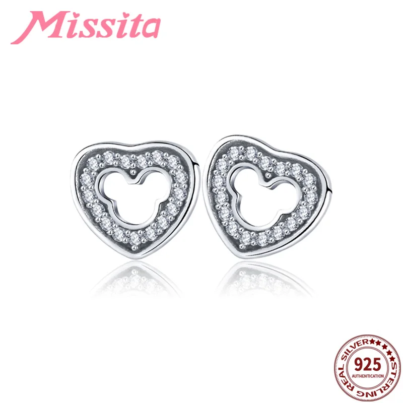 

MISSITA 100% 925 Sterling Silver Earrings with Peach Heart Hollow Mickey Pattern For Women Silver Jewelry Brand Gift Hot Sale