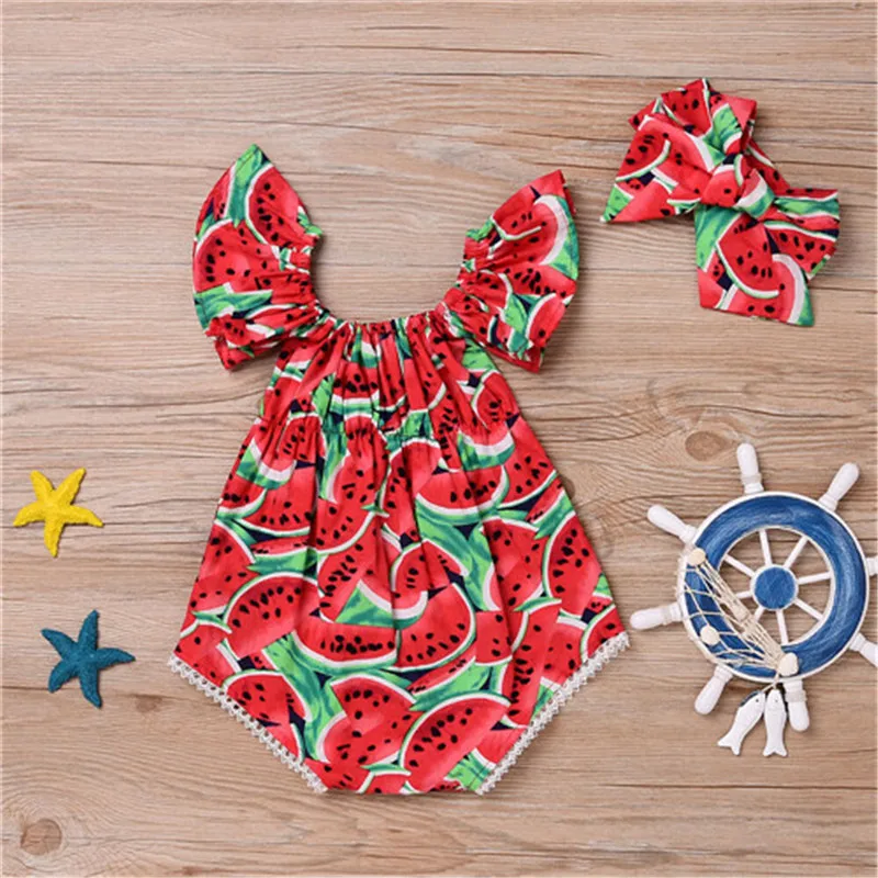 

2019 New Baby Girl Bodysuits Cute Newborn Baby Girls Watermelon Bodysuit+Headband Clothes Sunsuit Cotton O-neck Baby Bodysuit