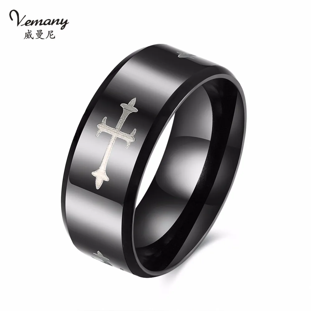 Vemany Mens Classic Vintage Cross Rings For Men Stainless Steel Black