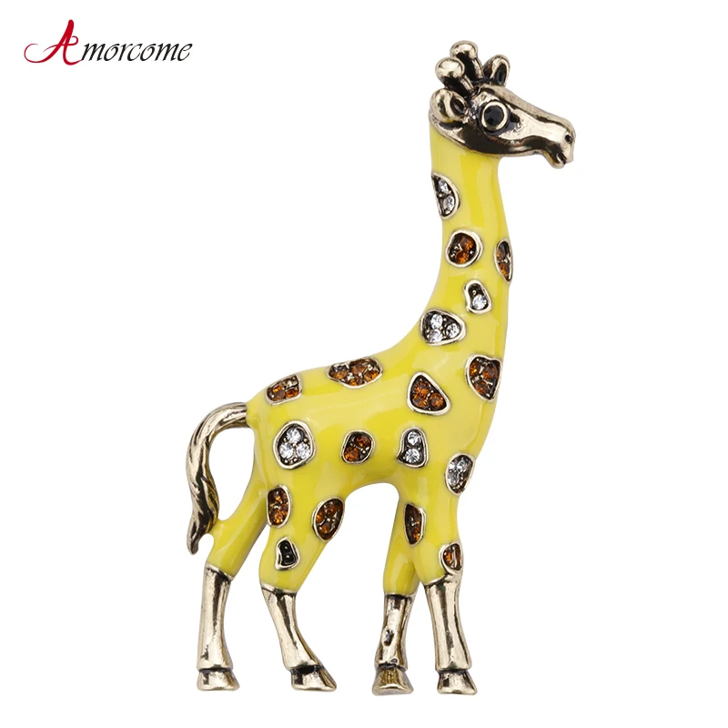 

Amorcome Cute Animal Giraffe Brooches For Women Wedding Party Jewelry Gold Color Metal Crystal Yellow Enamel Pin Brooch Female