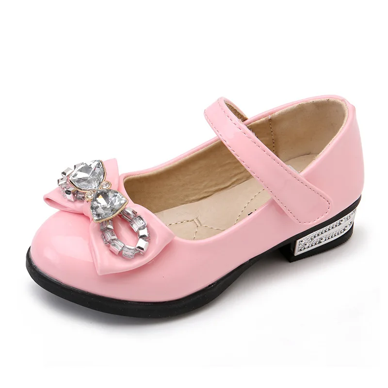

2018New kids Girls Leather Shoes Bowknot Rhinestones Girls Princess Shoes With Heels Dance Party Children Shoes 4t 5t 6t 7t 14t