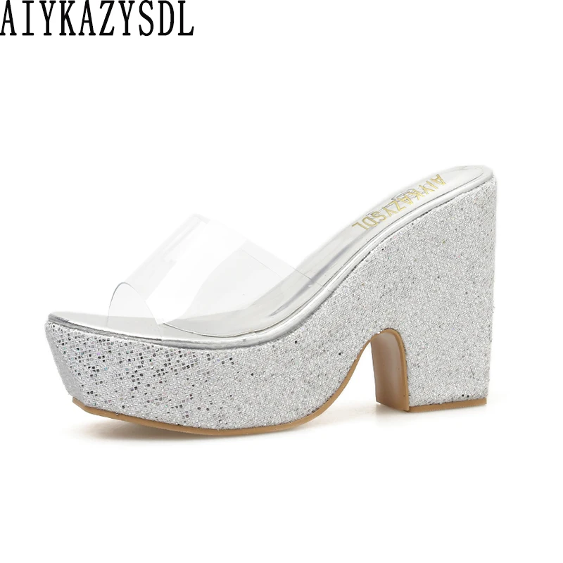 

AIYKAZYSDL Women Clear Transparent Sandals Mules Slides Bling Crystal Wedding Shoes Platform Chunky Block High Heel Shoes 2019