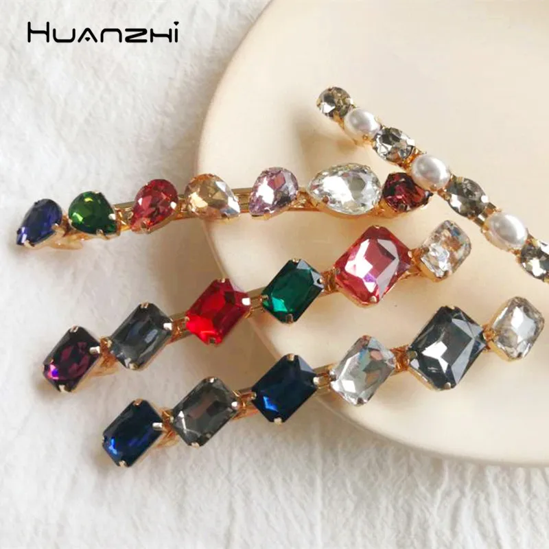 

HUANZHI Colorful Irregular Geometric Zircon Hair Clip Hairgrip Alloy Imitation Pearls Barrette Hair Accessories for Women Girls
