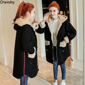 

Orwindny Winter Women Lambswool Jean Coat Thickening Warm Denim Jacket Hooded Casual Loose Basic Coat Wool Liner Long Parkas