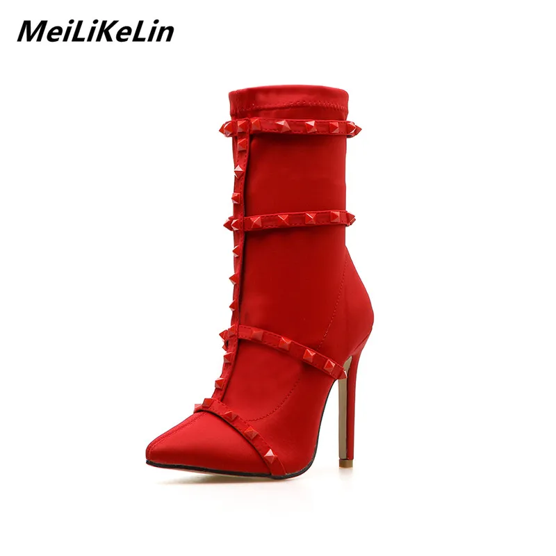 

MeiLiKeLin New Designer Mid-Calf Boots Pointed Toe Red Boots Women Thin High Heel Rivet Martin Boots Stretch Fabric Women Boots
