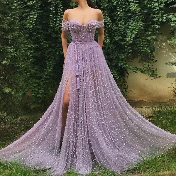 Robe De Soiree с открытыми плечами жемчужное кружевное вечернее платье сделанное ТРАПЕЦИЕВИДНОЕ торжественное платье вечернее платье - Цвет: same as photo