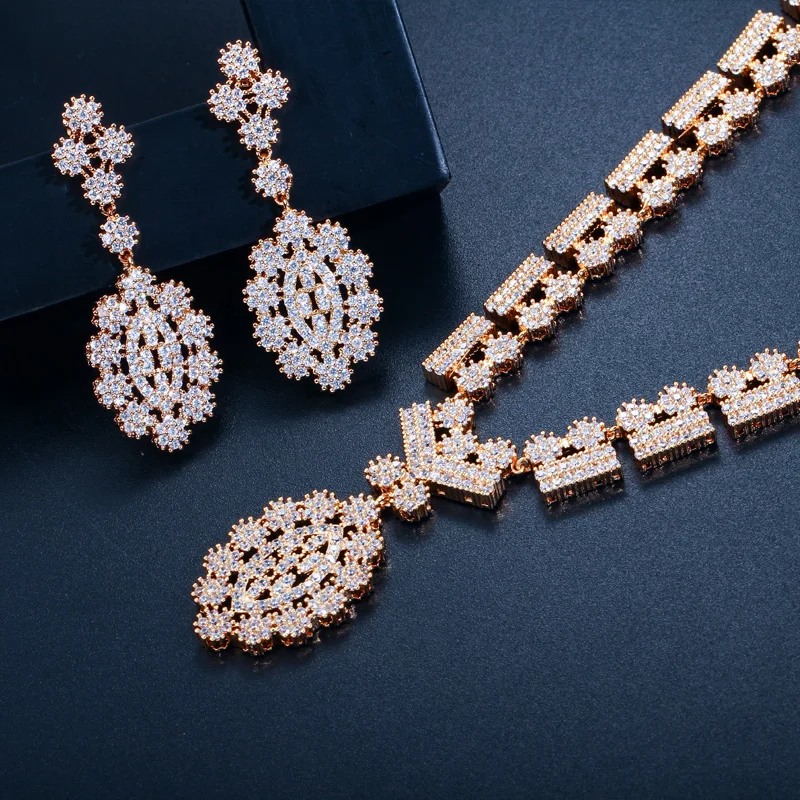 CWWZircons Full African CZ Crystal Bridal Wedding Necklace Earrings Dubai Gold Color Costume Jewelry Sets for Women T106|Ювелирные