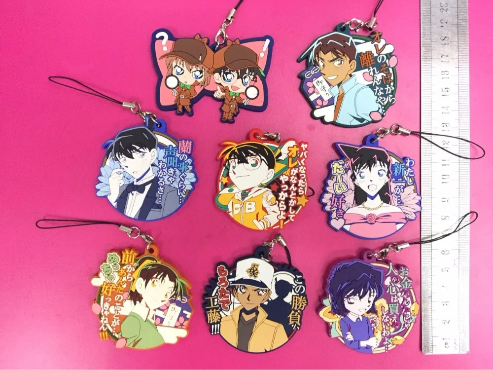 8 Pcs/set Anime Conan Rubber phone strap Keychain necklace pvc figure