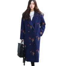 Осенне-зимняя обувь корейский женщин утолщаются вышивка шерстяной пиджак свободно вышивка длинные шерстяные шерстяное пальто