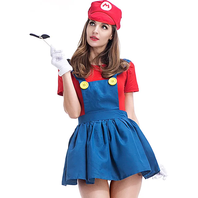Bros Luigi Sexy Robe Costume Mario Vêtements Femmes Filles Cosplay Super Plombier Haut Halloween Fête 29WHeDIYE