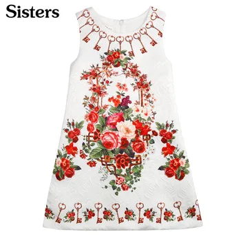 

New Girls European and American Style Floral Childen Dress Summer Girl Cotton Cute Key Pattern Sleeveless A-line Flowers Dresses