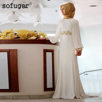 

White Muslim Long Sleeve Evening Dresses Black Lace Appliques Scarf Satin Saudi Arabic Special Occasion Vestidos De Fiesta Plus