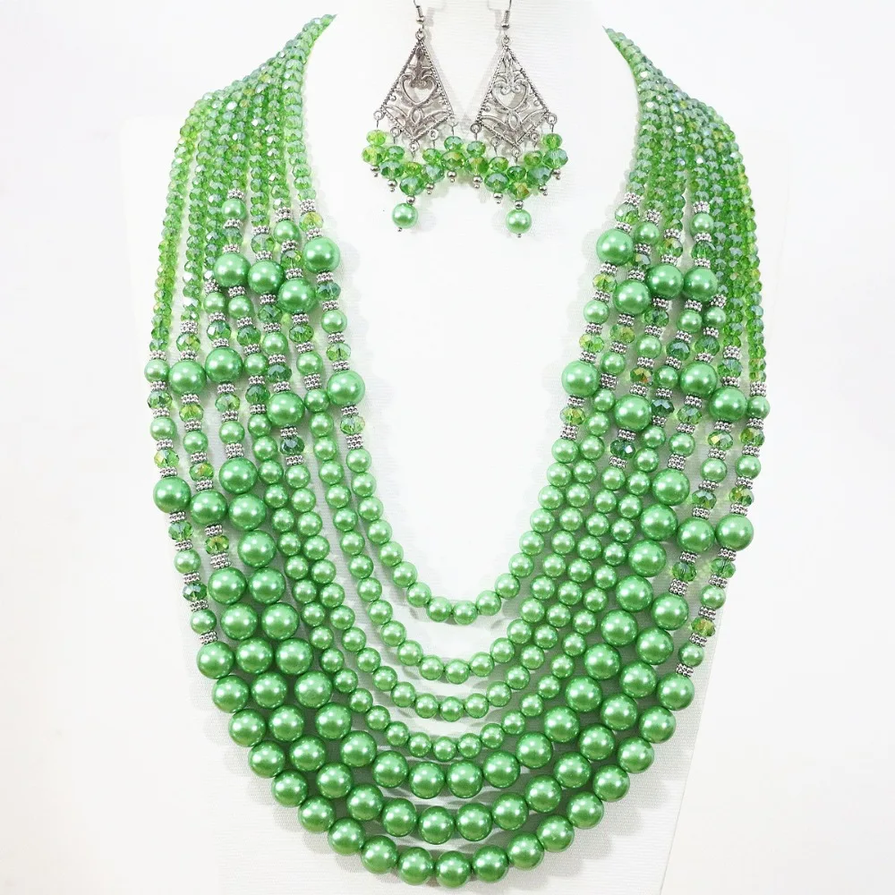 

Green round shell simulated-pearl abacus crystal high grade 7 rows women charms fashion necklace earrings jewelry set B1307