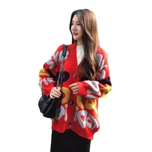 Женский однобортный свитер модный вязаный жакет Средний размер Длинное свободное трикотажное кардиган индивидуальность женский свитер FC86